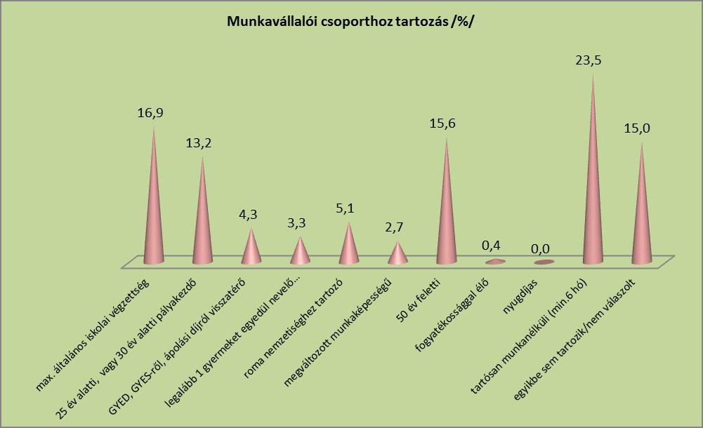 Válaszadók munkavállalói csoportba tartozása /fő/: /Saját szerkesztés-2017/ A megyében magas a tartós munkanélküliek száma, főként 50 év felettiek legfeljebb általános iskolai végzettségűek.