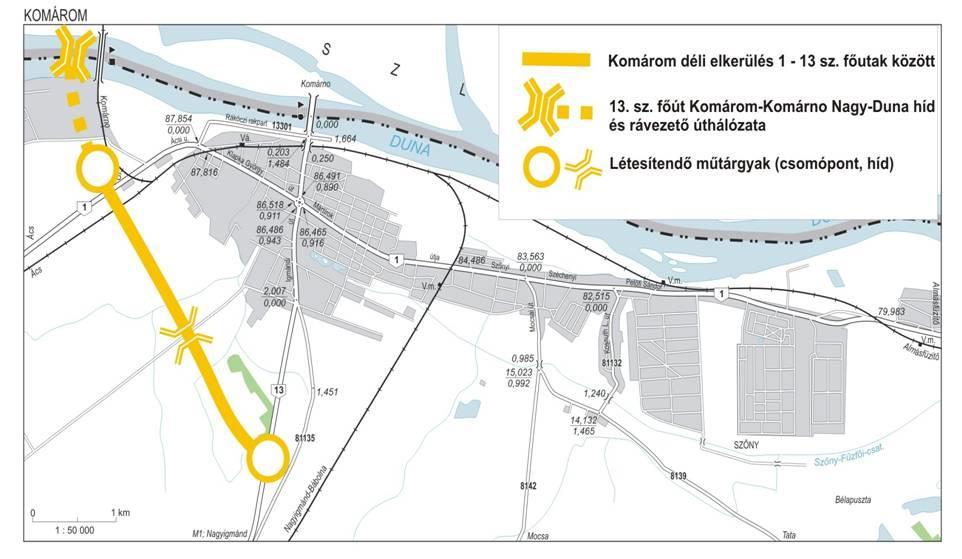 ló 2008. évi L. törvény tartalmazza Komáromnál új Duna-híd építését Az 1. és a 13. sz.