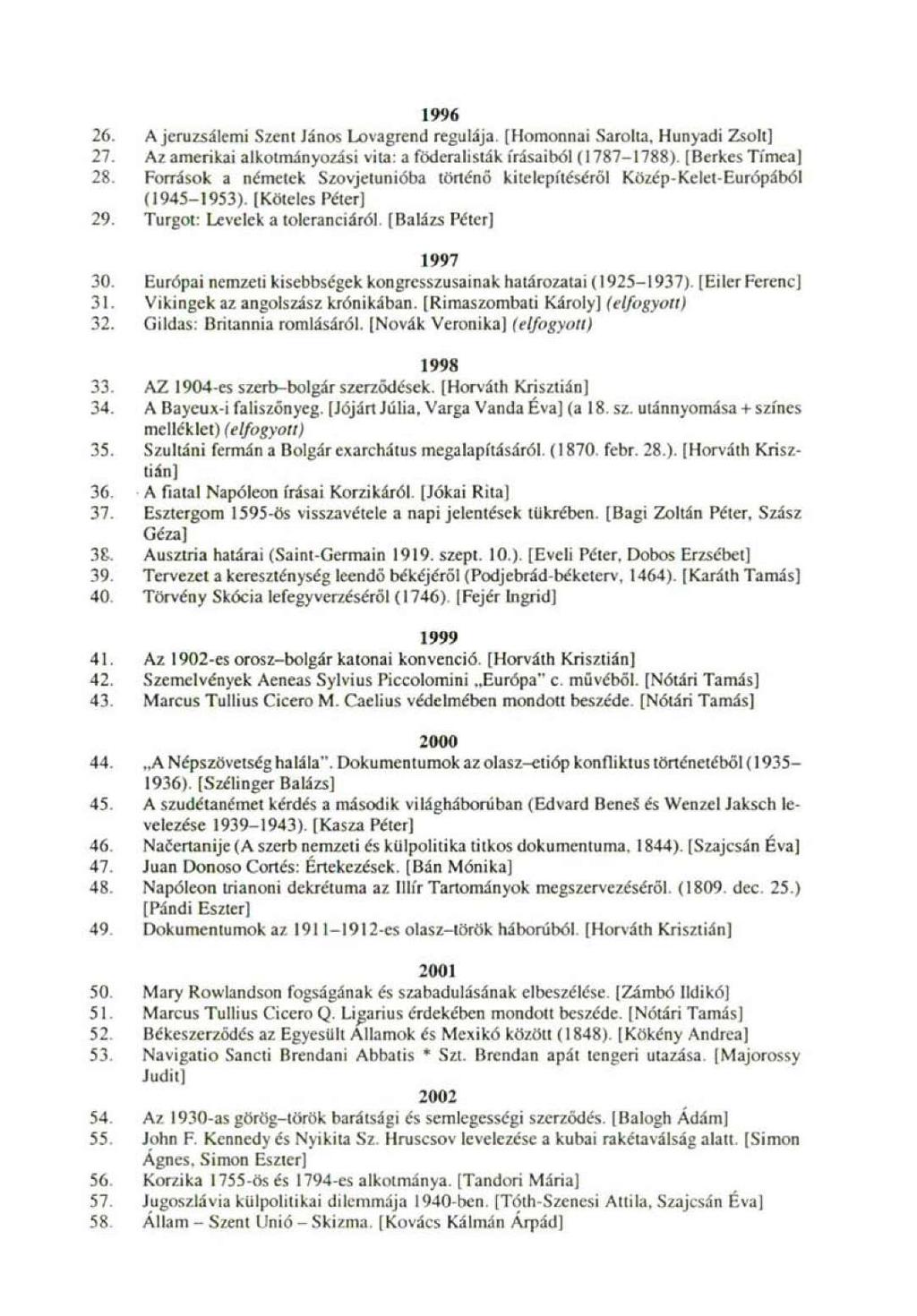 1996 26. A jeruzsálemi Szent János Lovagrend regulája [ Hornon nai Sarolta, Hunyadi Zsolt] 27. Az amerikai alkotmányozást vita: a föd era listák írásaiból (1787-1788). (Berkes Tímea! 28.