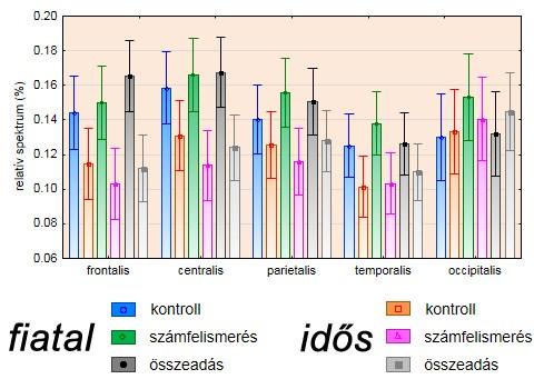 12.1.2 THETA RELATÍV TELJESÍTMÉNY SŰRŰSÉG SPEKTRUM A theta spektrális teljesítményében szignifikáns különbséget találtunk a terület oldaliság típus (fiatal-idős és helyzetek) interakcióban (F(20,