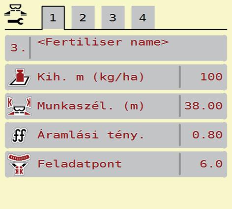 .6 Trágyabeállítások a LIME-PowerPack (mész) számára A vezérlőegység automatikusan felismeri a beépített szóróegységet miután csatlakoztatta az ISOBUS csatlakozót a AXENT nagy teljesítményű
