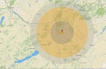 10. ábra: Budapest Belvárosa felett virtuálisan felrobbantott Cár-bomba hatósugarait mutatja, a NUKEMAP webes szimulációs oldal számolásai alapján. A kép a NUKEMAP (https://nuclearsecrecy.