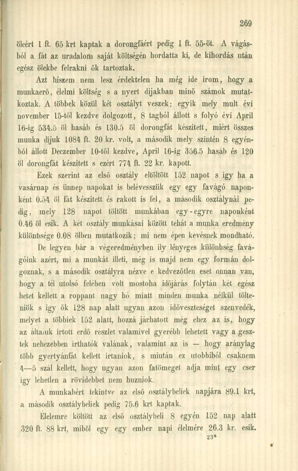 öléért l ft. 65 krt kaptak a dorongfáért pedig l ft. 55-öt. A vágásból a fát az uradalom saját költségén hordatta ki, de kihordás után egész ölekbe felrakni ők tartoztak.