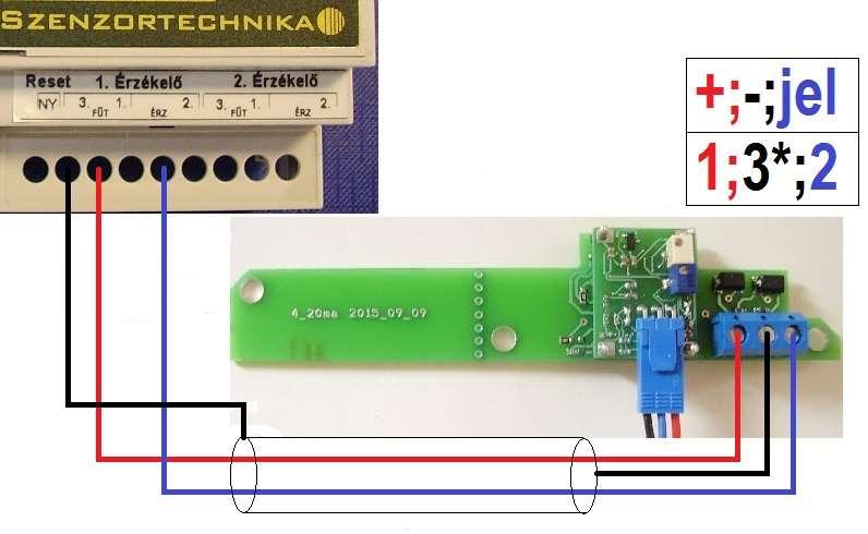 Nem robbanásbiztos kivitelű, vegyi cellás, 4-20 ma-es távadó (SENS-Ex TG/A-E -C) bekötése SENS-EX C/D-S-U típusú központi egységbe: