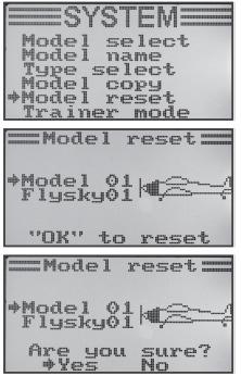 e) A modelltároló törlése ( Model reset ) Azért, hogy egy új modell programozása előtt eltávolítsa az esetleg meglévő, de nem kívánt beállításokat, szándékosan törölhet egyes modelltárolókat, és