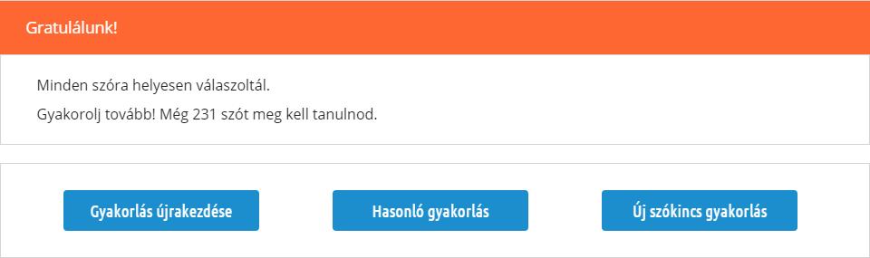 Az Új szókincs gyakorlás opció pedig a SZÓKINCS oldalra dob vissza, ahol egy teljesen új szókincs gyakorlást tudsz elindítani.