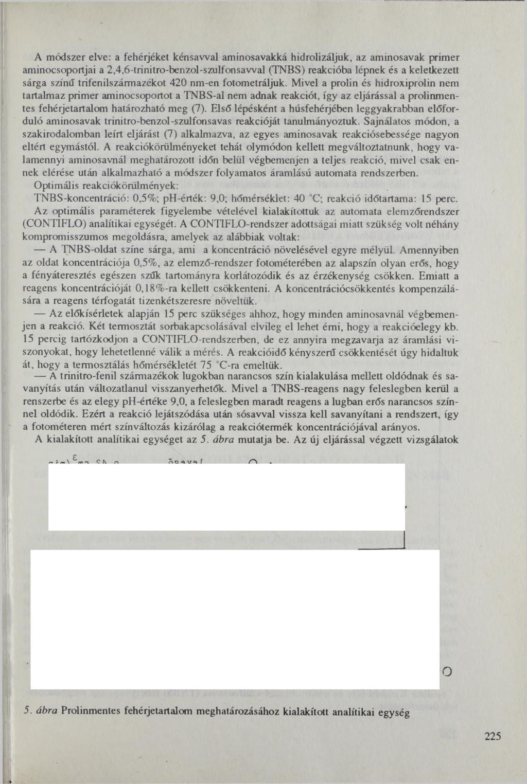 A módszer elve: a fehérjéket kénsawal aminosavakká hidrolizáljuk, az aminosavak primer aminocsoportjai a 2,4,6-trinitro-benzol-szulfonsawal (TNBS) reakcióba lépnek és a keletkezett sárga színű