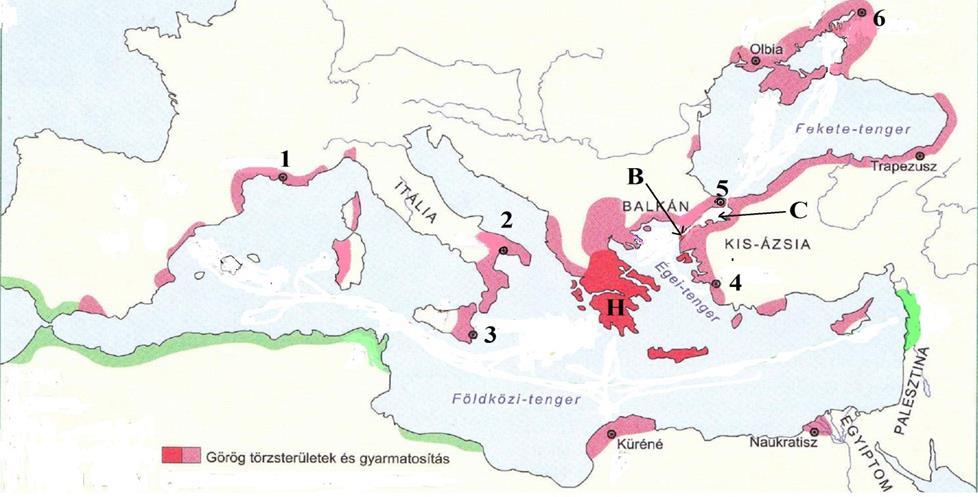 III. A görög gyarmatosítás / 8 pont 1. Egy hajó indul el Hellászból (H) és útja során több várost és földrajzi tájegységet érint.
