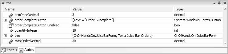 210 Bradley Millspaugh: 4. Decisions and Text Conditions 202 V I S U A L C# Decisions and Conditions The Autos Window Another helpful debugging window is the Autos window.