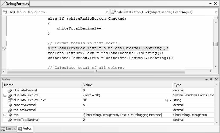 214 Bradley Millspaugh: 4. Decisions and Text Conditions 206 V I S U A L C# Decisions and Conditions STEP 3: Display the Autos window by clicking on its tab.