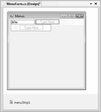 2 The MenuStrip component appears in the component tray below the form and the Menu Designer allows you to begin typing the text for the menu items. F i gure 5.
