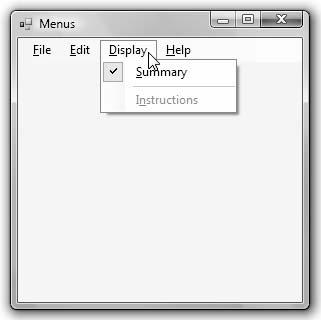 An enabled menu item appears in black text and is available for selection, whereas the grayed out or disabled (Enabled = false) items are not available ( Figure 5.13 ).