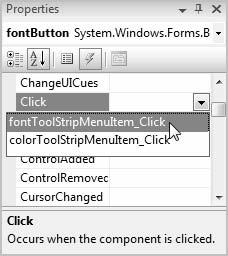 Bradley Millspaugh: 5. Menus, Common Dialog Boxes, and Methods Text 241 C H A P T E R 5 233 private void fonttoolstripmenuitem_click(object sender, EventArgs e) // Change the label s font.