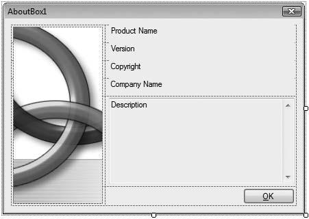 A new form named AboutBox1 is added to your project ( Figure 6.7 ) with controls you can modify. You can change the captions and image by setting the properties as you would on any other form.