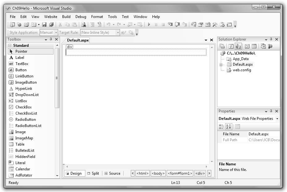 Bradley Millspaugh: 9. Web Applications Text 383 C H A P T E R 9 375 F i gure 9. 4 The Visual Studio Web Development IDE with a new Web site opened.