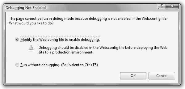 388 Bradley Millspaugh: 9. Web Applications Text 380 V I S U A L C# Web Applications F i gure 9. 8 T his dialog box appears if you attempt to run with debugging. Select Modify the Web.