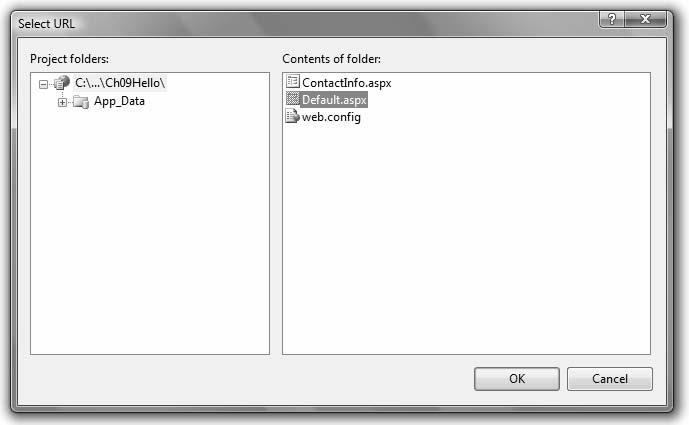 STEP 4: Click on the Property button for the HyperLink s NavigateUrl property to open the Select URL dialog box. STEP 5: Select Default.aspx ( Figure 9.