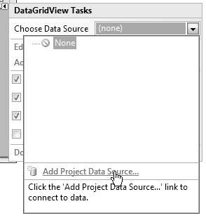426 Bradley Millspaugh: 10. Database Applications Text 418 V I S U A L C# Database Applications F i gure 10. 5 Add a new data source to a project from the smart tag of the DataGridView.