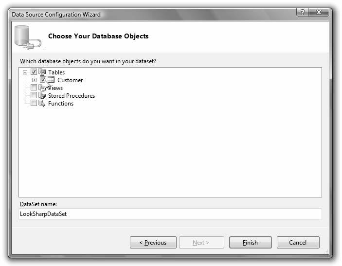 428 Bradley Millspaugh: 10. Database Applications Text 420 V I S U A L C# Database Applications STEP 7: Click Next. The database objects in the LookSharp database will appear.
