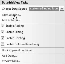 11 Pop up the smart tag and select Edit Columns to format the grid. STEP 2: In the Edit Columns dialog box ( Figure 10.12 ), you can add, remove, and reorder the columns.