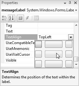 43 Select the center box for the TextAlign property. Properties button Select MiddleCenter alignment F i gure 1.