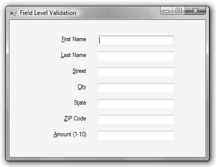 Bradley Millspaugh: 14. Additional Topics in C# Text 585 C H A P T E R 14 577 F i gure 14. 4 The Validation example form, which provides field-level validation. using System.Data; using System.