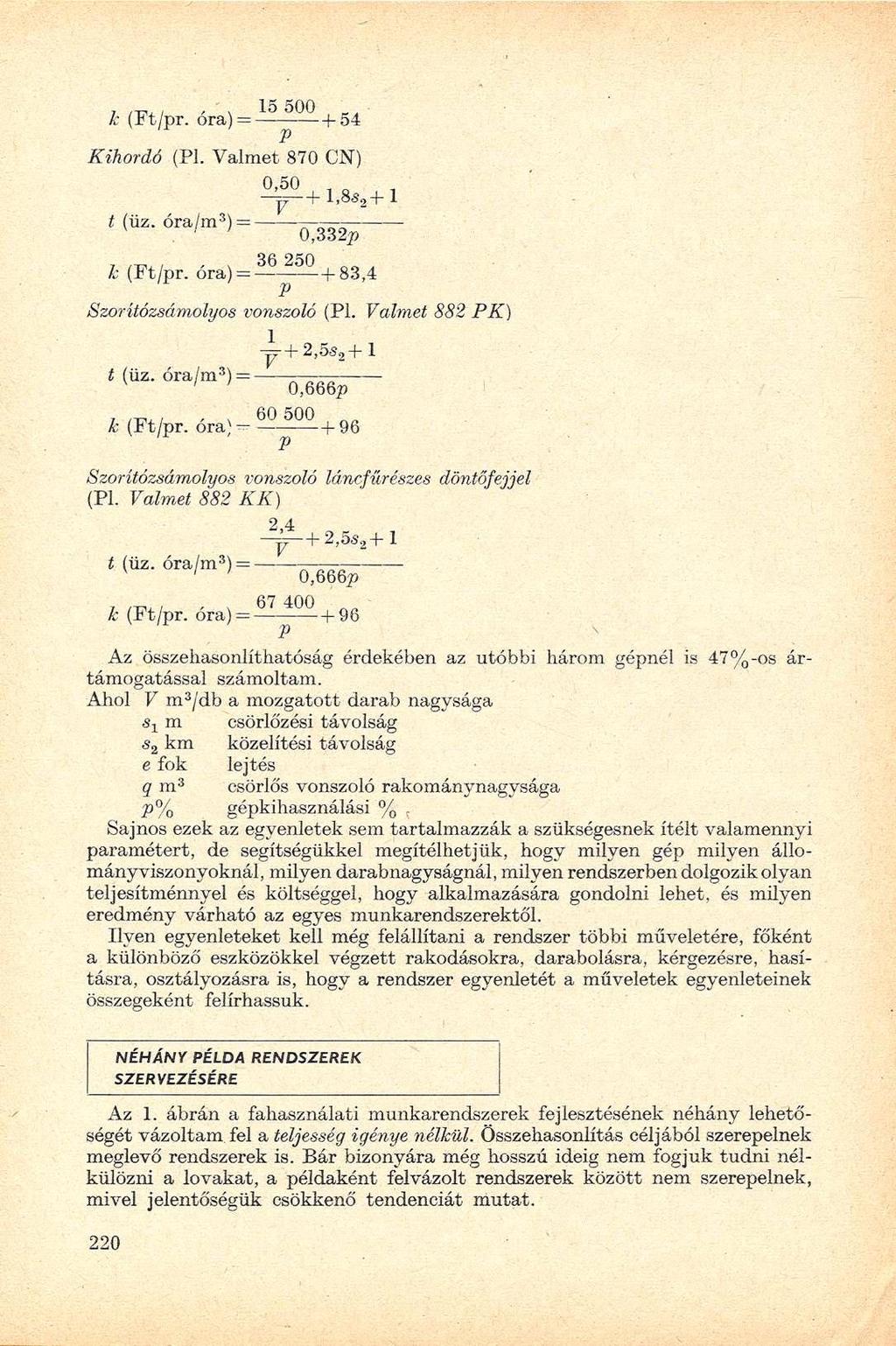 k (Ft/pr. óra) = ---+54 p Kihordó (Pl. Valmet 870 CN) 0,50, -+ 1,8a. t (üz. óra/m 3 ) = 0,332??., 36 250, k (Ft/pr. óra) = - +83,4 Szorítózsámolyos vonszoló (Pl. Valmet 882 PK) y+2,55 2 +l í (üz.