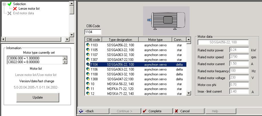 6 Commissioning Entry of motor data for Lenze motors Fig.6 4 GDC view: Selection of motor 3. Select the connected motor from the list (see motor nameplate).