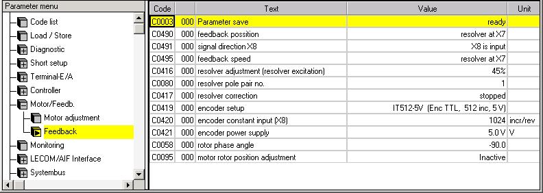 Commissioning Setting of the feedback system for position and speed control Codes for setting the encoder feedback 6 6.7.