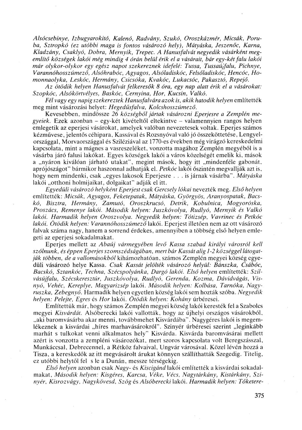 Alsócsebinye, Izbugyarokitó, Kalenó, Radvány, Szukó, Oroszkázmér, Micsák, Poruba, Sztropkó (ez utóbbi maga is fontos vásározó hely), Mátyáska, Jeszenőc, Karna, Kladzány, Csaklyó, Dobra, Mernyik,