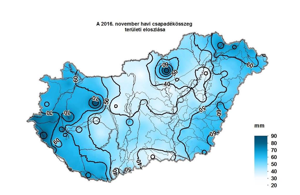 1. HELYZETÉRTÉKELÉS Csapadék 2016 novemberében a rendelkezésre álló adatok szerint az ország területére lehullott csapadék mennyisége 28 mm (Folyás) és 86 mm (Kékestető) között alakult.