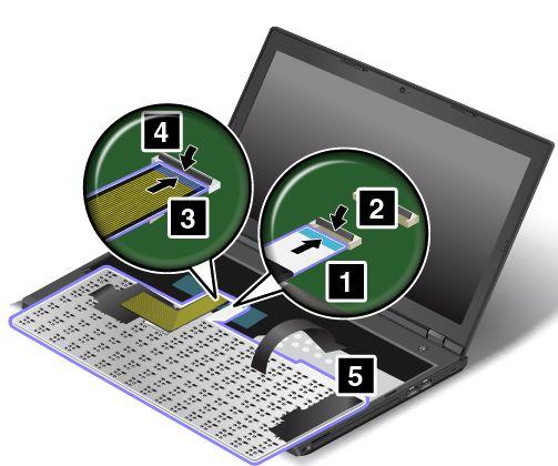 7. Helyezze a billentyűzetet a tenyérpihentetőre, és húzza ki a csatlakozókat. Távolítsa el a billentyűzetet.