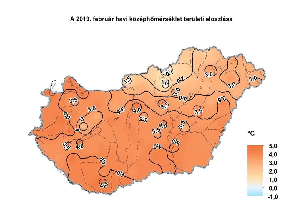 Léghőmérséklet A február havi középhőmérséklet 0,1 C (Kékestető) és 4,7 C (Pécs-Pogány) között alakult, az országos területi átlagérték 3,4 C volt, ami a sokévi (1971-2000) februári átlagot 2.