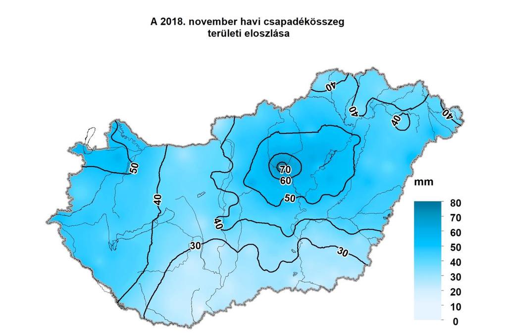 1. HELYZETÉRTÉKELÉS Csapadék 2018 novemberében a rendelkezésre álló adatok szerint az ország területére lehullott csapadék mennyisége 15 mm (Sátorhely) és 76 mm (Jászberény) között alakult.