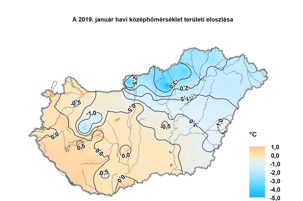 Az alábbi ábrán a legutóbbi 12 havi időszakra mutatjuk be a havi középhőmérséklet országos területi átlagértékének sokévi átlagtól való eltérését.