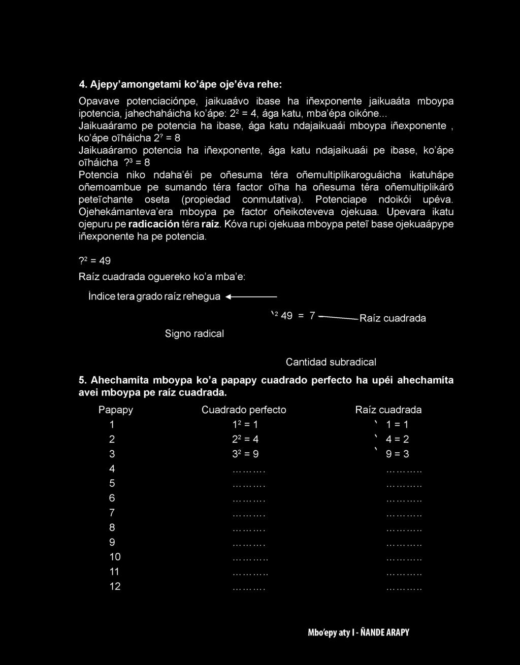 3 = 8 Potencia niko ndaha éi pe oñesuma téra oñemultiplikaroguáicha ikatuhápe oñemoambue pe sumando téra factor otha ha oñesuma téra oñemultiplikáro petetchante oseta (propiedad conmutativa).