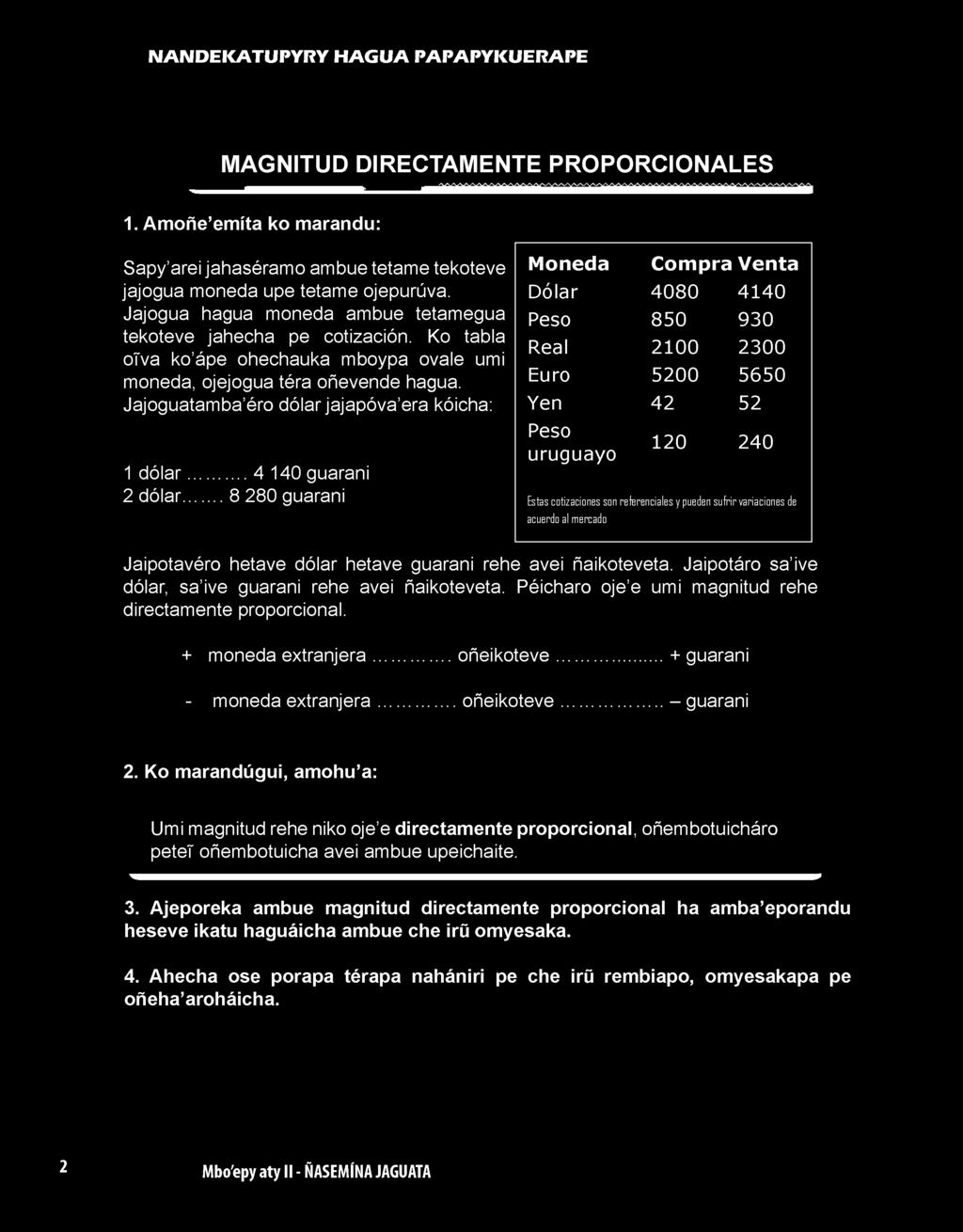 .. 8 280 guarani M o ned a C o m p ra V e n ta Dólar 4080 4140 Peso 850 930 Real 2100 2300 Euro 52 00 56 50 Yen Peso uruguayo 42 120 52 240 Estas cotizaciones son
