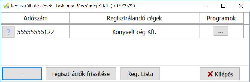 A Cégek gombra kattintva a program megjeleníti az aktuális Novitax felhasználó regisztrált cégeit (könyvelhető cégek).