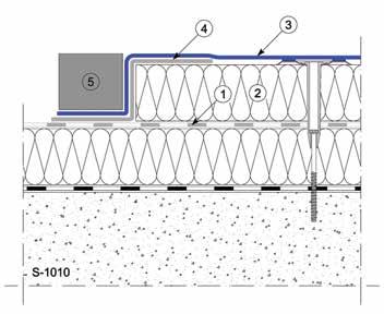 kiegészítő hőszigetelés esetén 1 Meglévő vízszigetelő réteg 2 Új kiegészítő hőszigetelés 3 Új vízszigetelő-lemez 4 Lezárás a napi munkavégzés után egy lemez-csíkkal a meglévő szigetelés