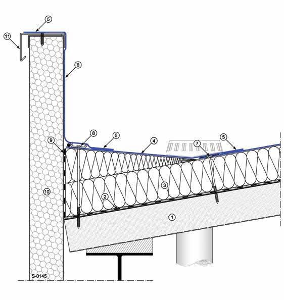 MECHANIKAILAG RÖGZÍTETT, EGYRÉTEGŰ CSAPADÉKVÍZ-SZIGETELÉSI RENDSZER S-0145 Részlet - Attika 1 Födém 2 Páravédelmi réteg, a szegélyeknél és átlapolásoknál leragasztva 3 Mechanikailag rögzített