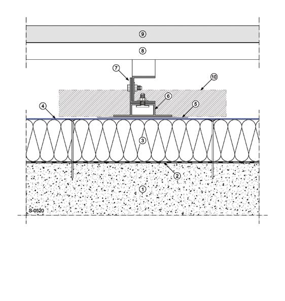 13. Részletrajzok S-0520 Részlet Napkollektor-panel rögzítése 1 Födém 2 Páravédelmi réteg az átlapolásoknál és a szegélyeknél leragasztva (pl.