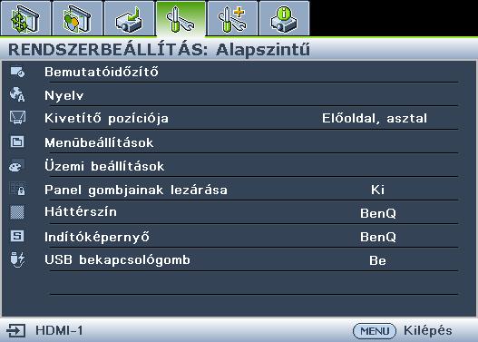Nyomja meg a MENU/EXIT gombot a kivetítőn vagy a távvezérlőn az OSD menü bekapcsolásához. Állapot Nyomja meg a MENU/EXIT gombot, hogy az előző lapra lépjen, vagy a kilépéshez. 3.