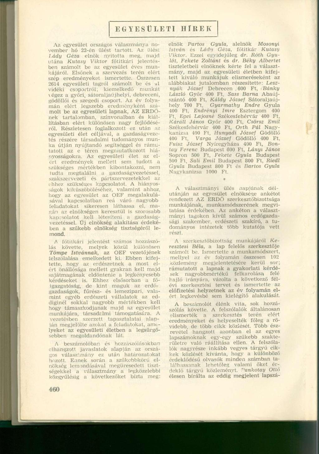 EGYESÜLETI HÍREK Az egyesület országos válaszmánya november hó 22-én ülést tartott.