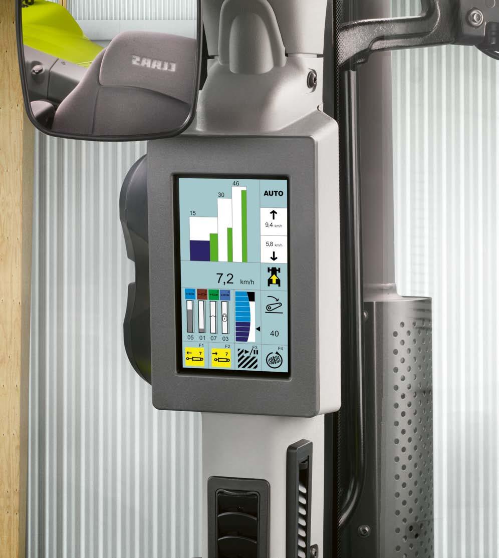 Jól informálva CLAAS INFORMATION SYSTEM CIS CIS+ felszereltség CIS: minden szem előtt A 7"-os CIS színes kijelző modern külsőjével az A-oszlopon minden fontos információt tartalmaz a váltóról, a