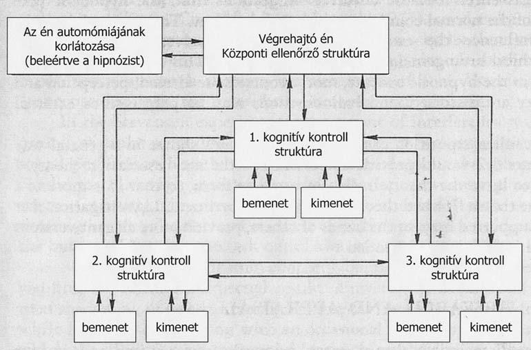 VI/4. ábra. A neodisszociációs elmélet sematikus vázlata: hierarchikusan elrendezett kognitív kontroll struktúrák, csúcsukon a központi ellenőrző struktúrával. ( Hilgard 1973 nyomán.