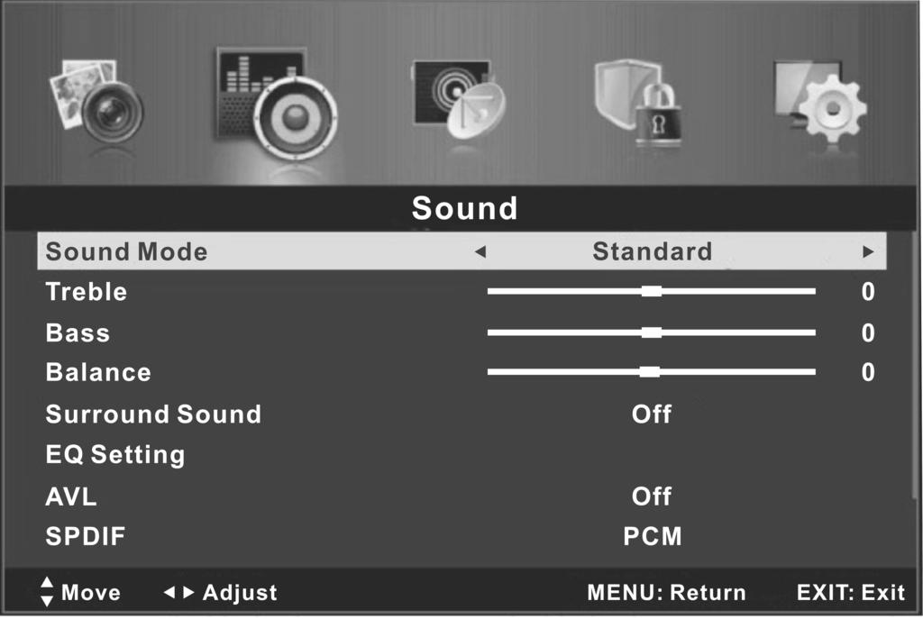 Menu Operation Configuring the Sound Menu Sound Mode You can select a sound mode to suit your personal preferences. You can choose from Standard, Music, Personal and Movie.