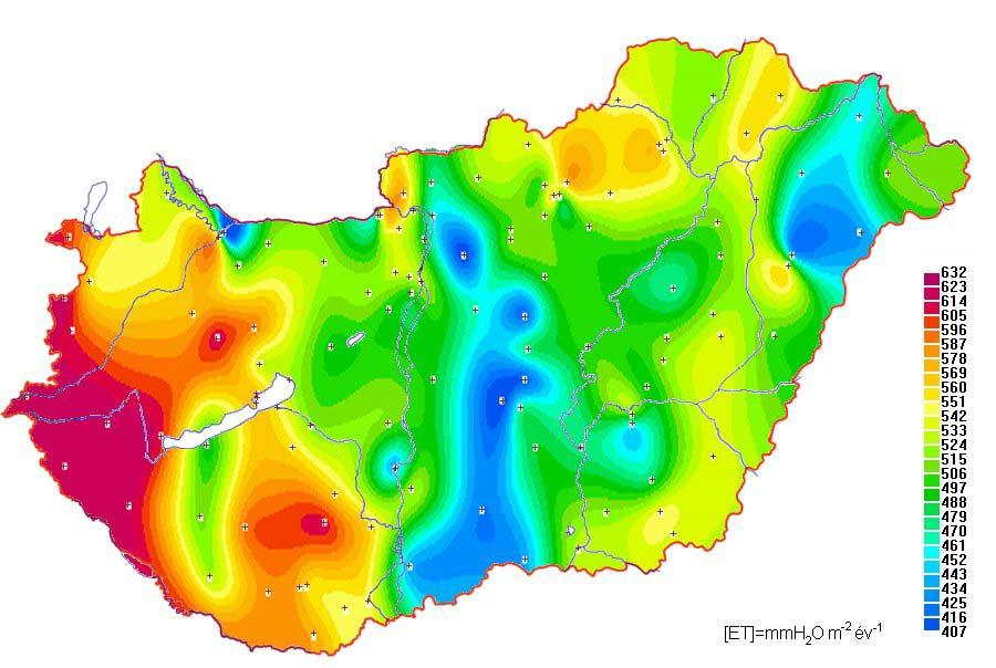 5b. ábra: Az ET évi összegének területi eloszlása Magyarországon. 5c. ábra: A P évi összegének területi eloszlása Magyarországon. b) Havi értékek területi eloszlása A 2a.