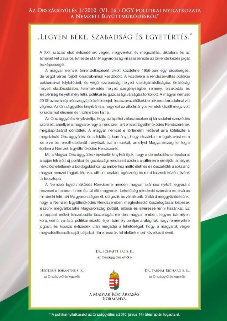 Valós példa, emlékezzünk csak vissza 2010-re A Nemzeti Együttműködés Nyilatkozata egy, az Országgyűlés által 2010.