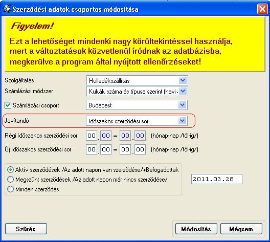 Kommunális Számla modult érintő változások, módosítások A Karbantartás/Felhasználói menüpont/szerződési adatok csoportos módosítása menüpontban lehetőség van a szerződésekben lévő időszakos