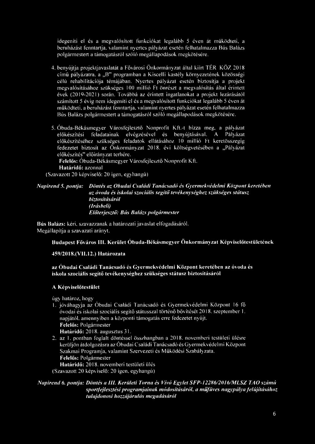 benyújtja projektjavaslatát a Fővárosi Önkormányzat által kiírt TÉR KÖZ 2018 című pályázatra, a B programban a Kiscelli kastély környezetének közösségi célú rehabilitációja témájában.